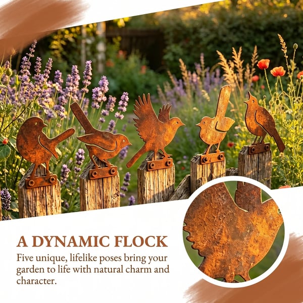 5-delige levensechte roestige metalen vogelsilhouetten als tuindecoratie/5-Piece Lifelike Rusty Metal Bird Silhouettes for Garden Decoration