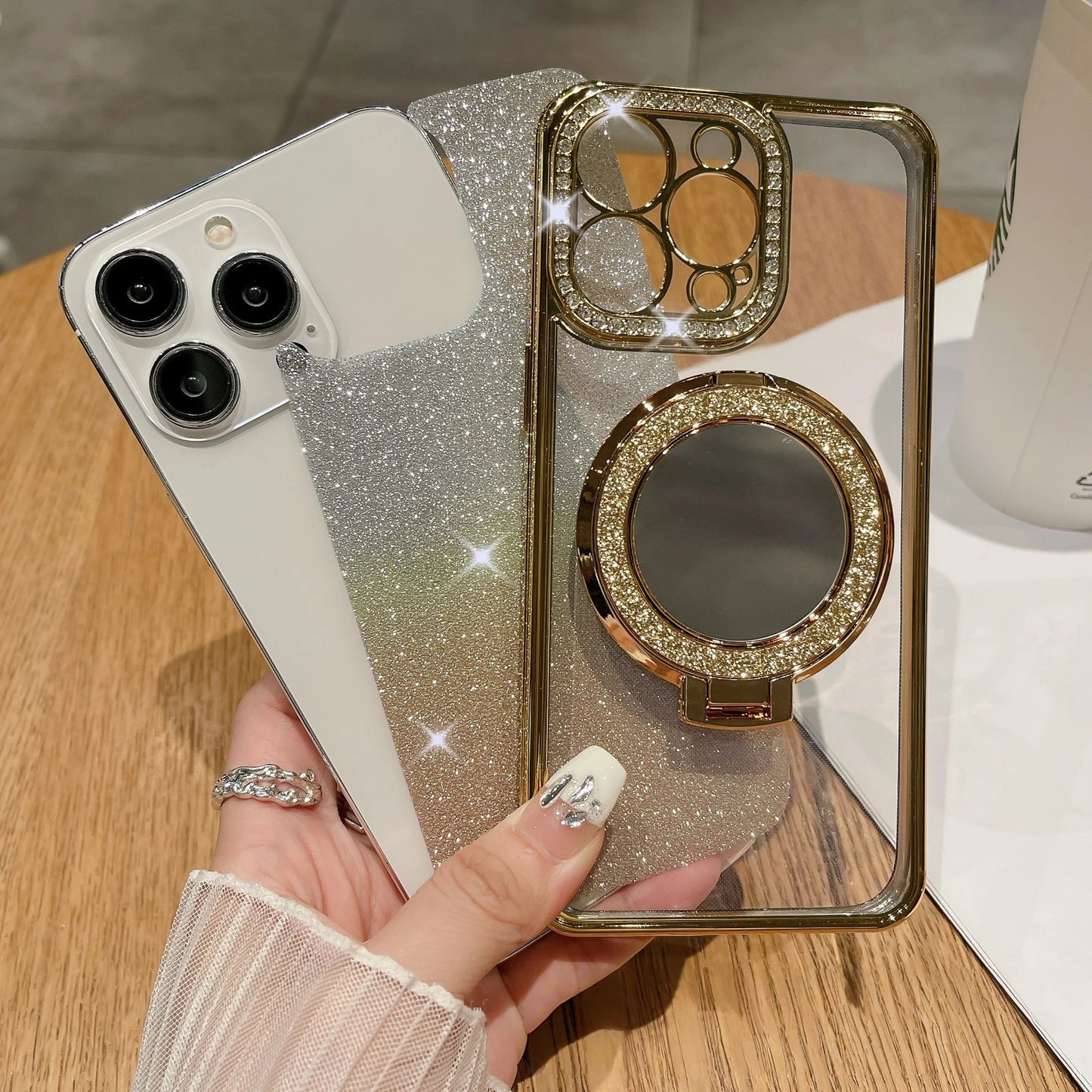 📲✨Gradient Glitter Holder Makeup Mirror Protective Case