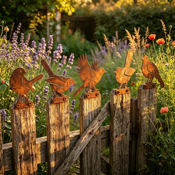 5-delige levensechte roestige metalen vogelsilhouetten als tuindecoratie/5-Piece Lifelike Rusty Metal Bird Silhouettes for Garden Decoration