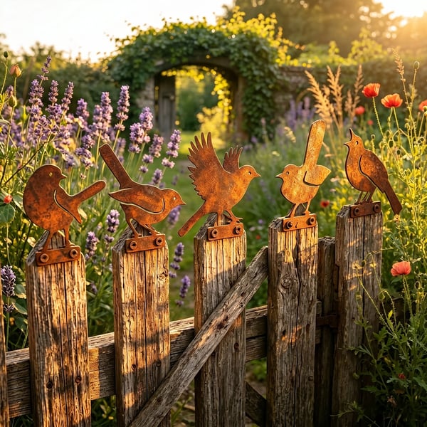 5-delige levensechte roestige metalen vogelsilhouetten als tuindecoratie/5-Piece Lifelike Rusty Metal Bird Silhouettes for Garden Decoration