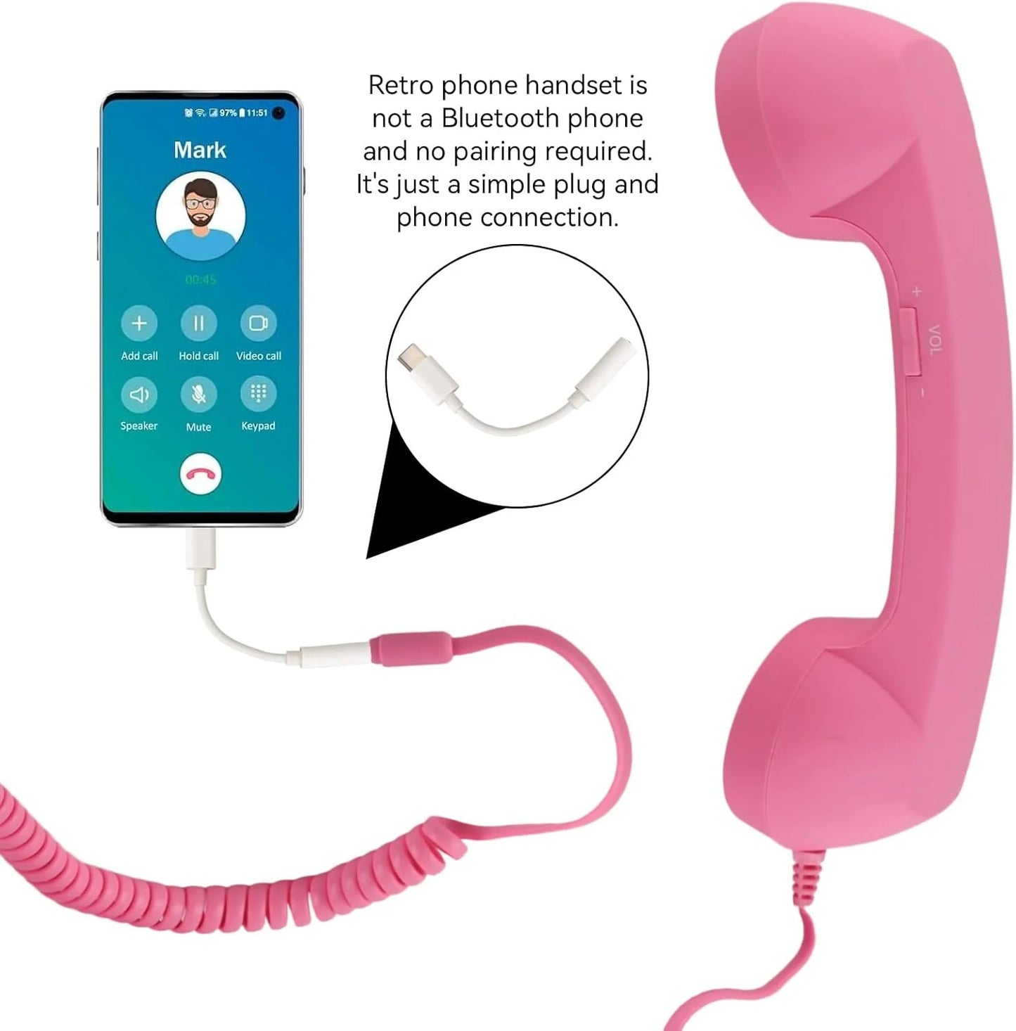 Vintage-Retro-Telefongriff mit Handy-Hörer und Mikrofon/Vintage retro telephone handle with mobile phone handset and microphone